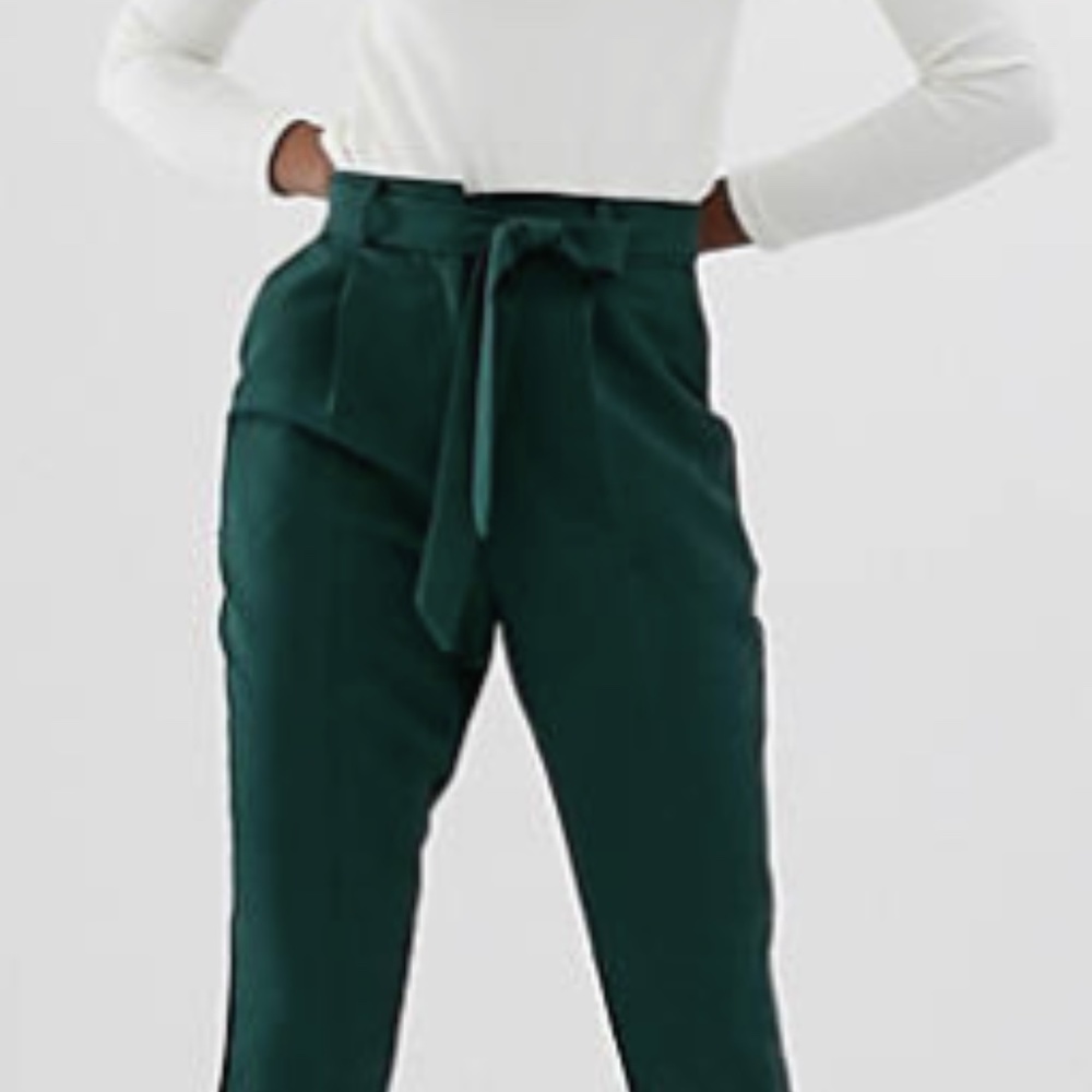 Dark green straight leg pants with tie waist